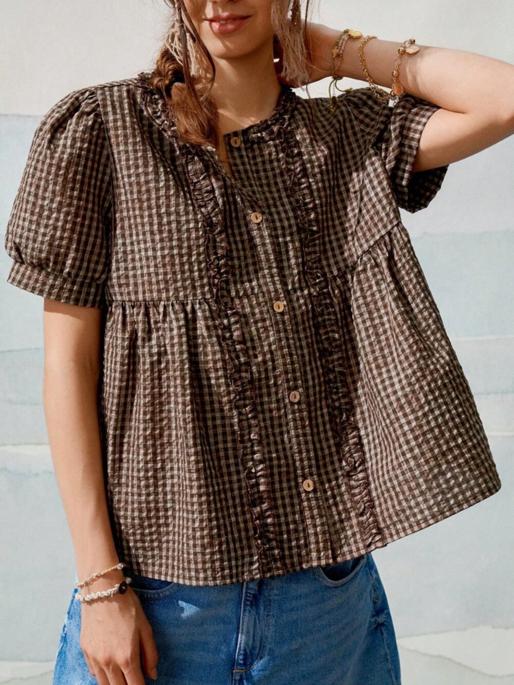 Brown Cute Women's Round Neck Gathered Frill Trim Puff Sleeve Plaid Casual Shirt